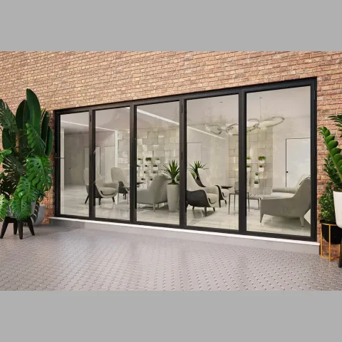 5700 x 2700 5 Panel Black On White Bifold Doors